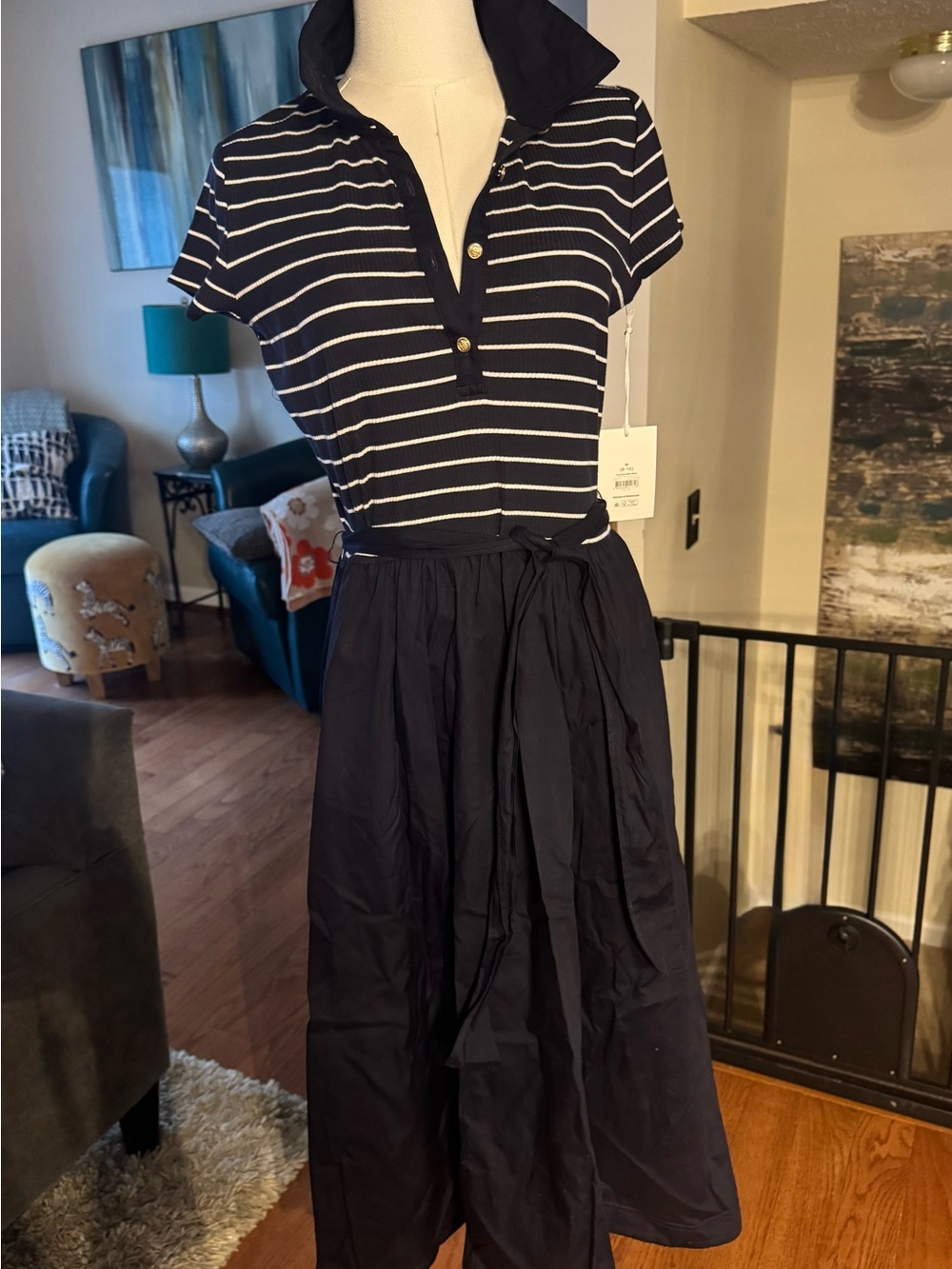 Free Assembly Navy Striped Polo Mixed Midi Dress- M, NWT